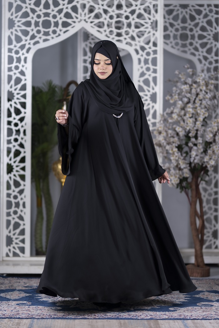 Premium Front-Zipper Abaya-Black with Hijab