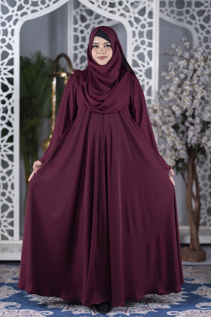 Premium Front-Zipper Abaya-Maroon with Hijab
