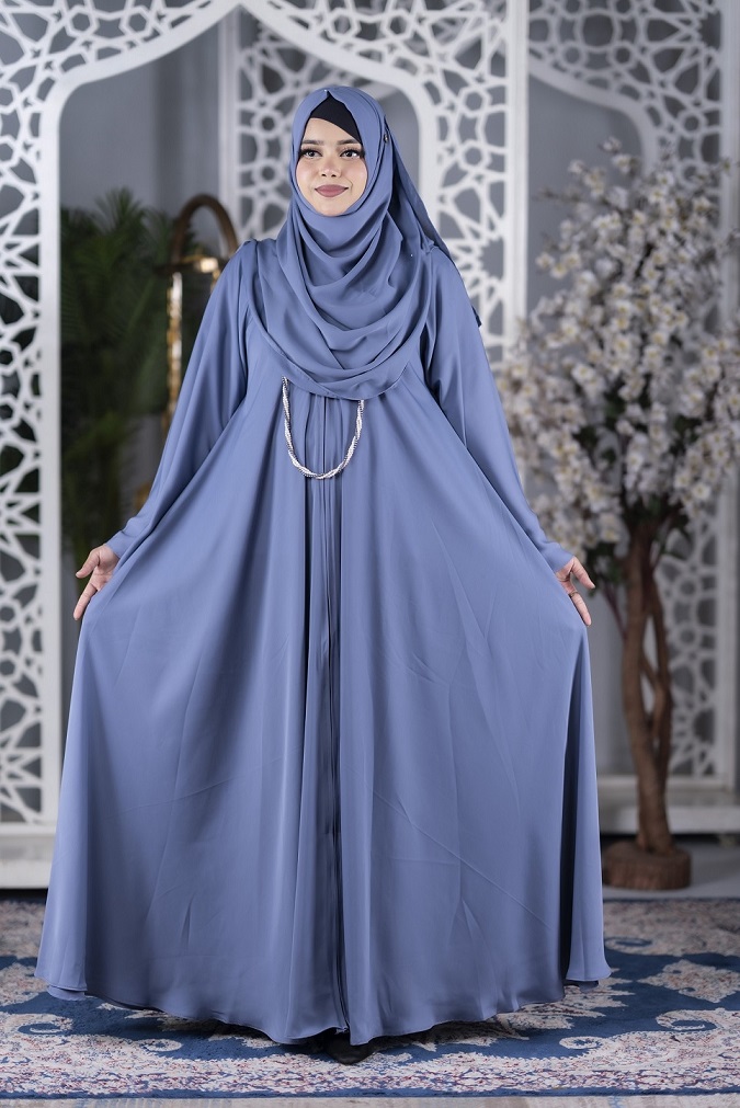Premium Front-Zipper Abaya-Moon Grey with Hijab