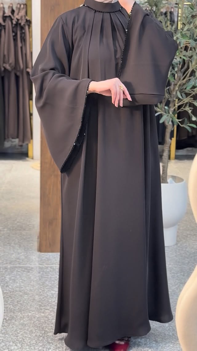 Karchupi Lace Work on the neckline and sleeves Abaya Deep Brown